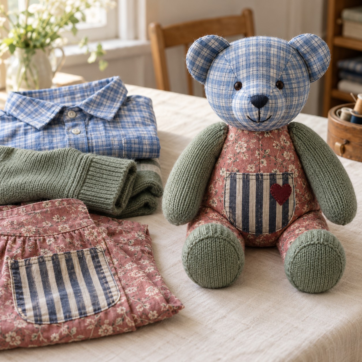 Fotorealistisches Gestaltungsbeispiel: ein genähter Erinnerungsbär neben einem Karohemd, Strickpullover und einer Schürze mit den gleichen Stoffmustern